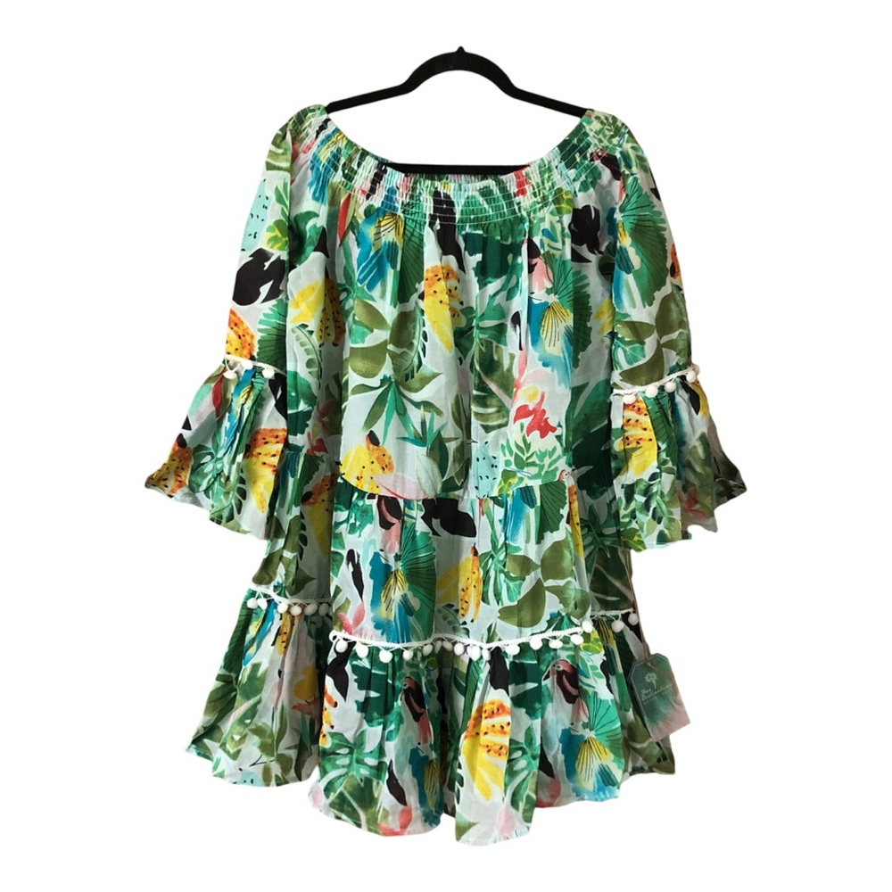 True Destinations Resort Wear Off the Shoulder Bell Sleeve Dress Green NWT Large